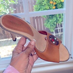 Cognac Mules Open Toes Embellished Leather Heels Feminine Coquette Slip On Cute